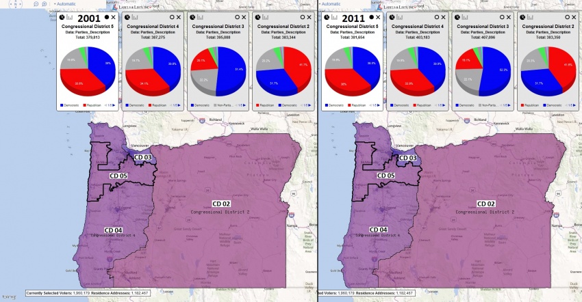 This is a map of the congressional districts of Oregon before and after the 2010 redistricting. The image also includes the partisan breakdown of the districts that are close in registration figures.