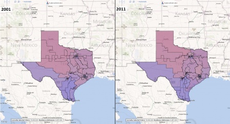 Texas' Congressional Districts Before and After the 2010 Census Redistricting.jpg