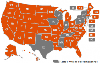This map displays the states with ballot measure elections in 2012.