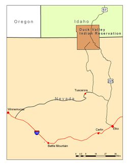 A map showing the Duck Valley Indian Reservation straddling the border of Idaho and Nevada.