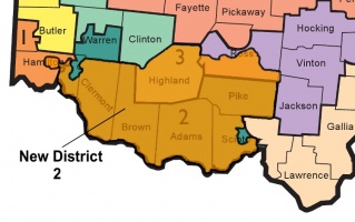 This map shows the new District 2 (in orange) superimposed on the old congressional districts.