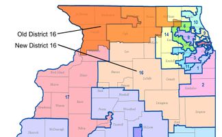 This map shows the new District 16 (in orange) superimposed on the old congressional districts.