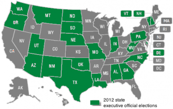 This map displays states with state executive official elections in 2012.